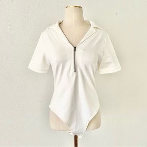 AND NOW THIS Size Medium White Collared Short Sleeve Ponte Knit Bodysuit Top Jrs